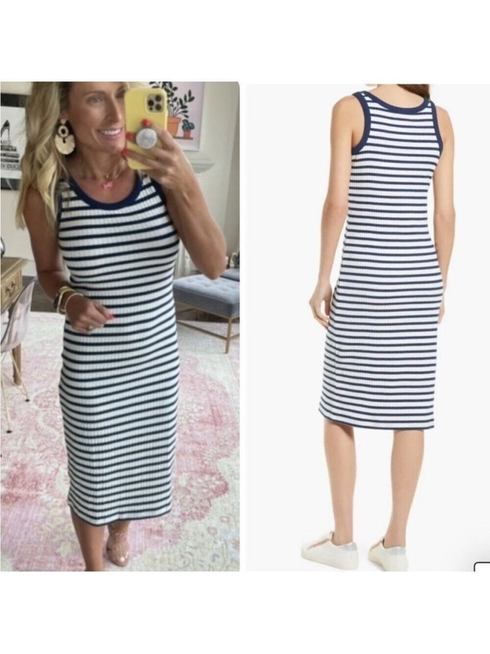 Madewell Striped Ribbed Knit Tank Dress Scoop Midi Navy Blue White Sweater Small